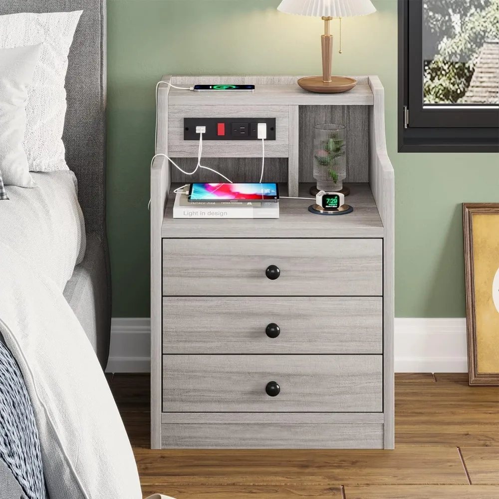 Nightstand set of 2 gray nightstand with charging station & hutch for bedrooms bedside table