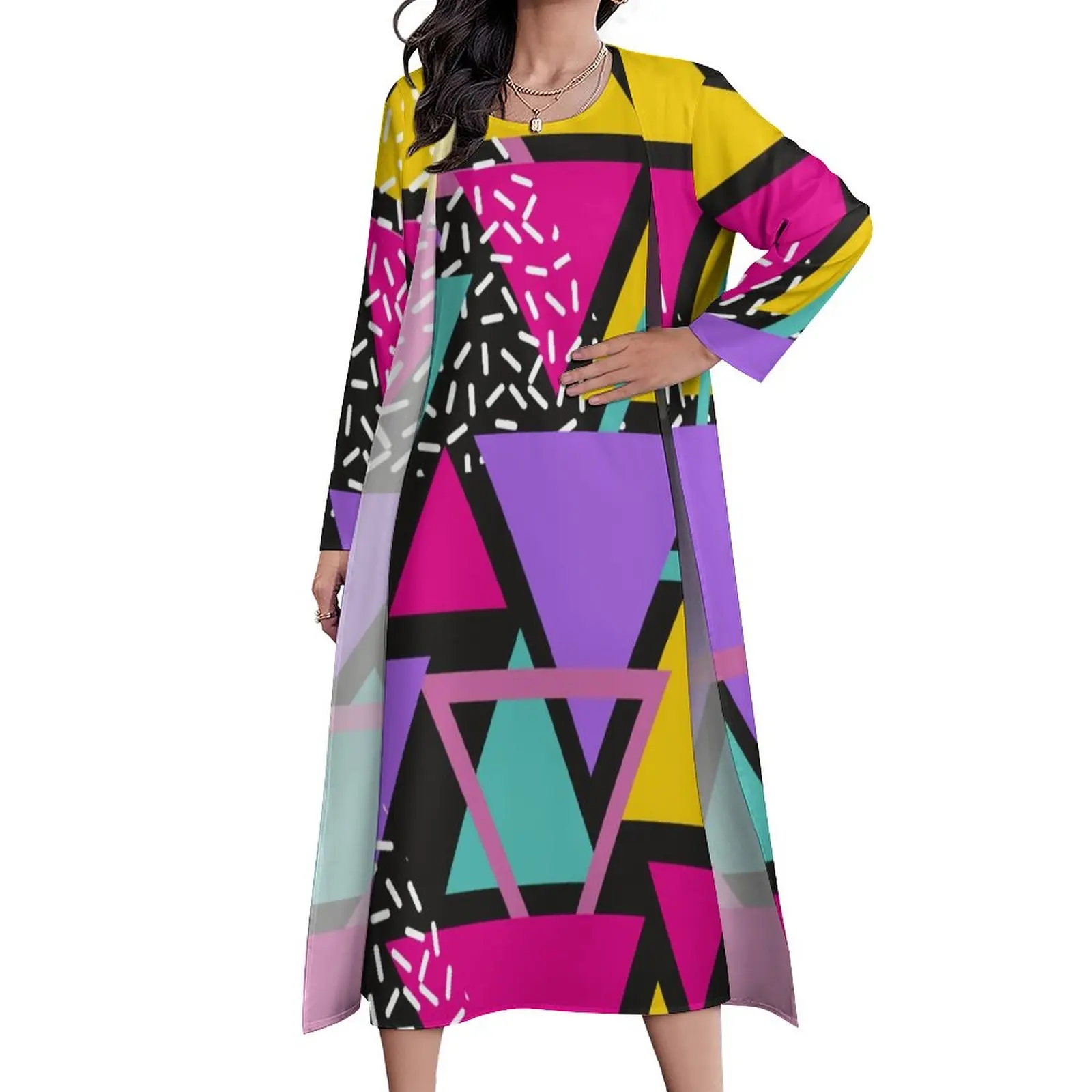 

Geo Print Dress Memphis Triangles Party Maxi Dress Korean Fashion Casual Long Dresses Spring Two Piece Pattern Vestido Big Size