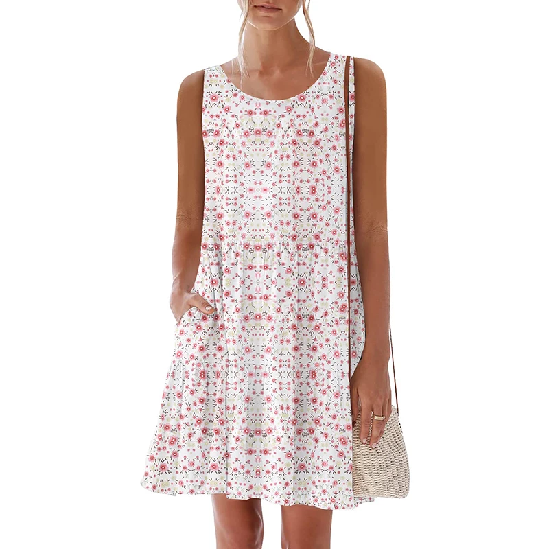 

2023 European And American Women's Summer New Fashion Casual Dress Sweet Cute Comfortable Round Neck Sleeveless Slim Slim Loose