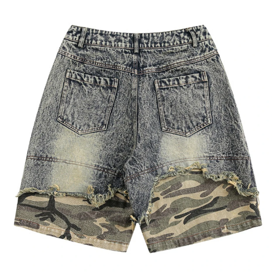 Camoufalge Patchwork Vintage Denim Shorts Men's Summer Loose Casual Blue Jeans Shorts Streetwear Harajuku Hip Hop