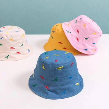 여름 공룡 아기 버킷 캡 귀여운 자수 아이 어부 모자 소년 소녀 단색 조절 유아 태양 모자 Gorras