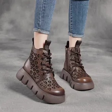  Summer New Hand-Rub Color Authentic Leather Hollow out  Short  Punk First Layer Cowhide Platform Dr. Martens 