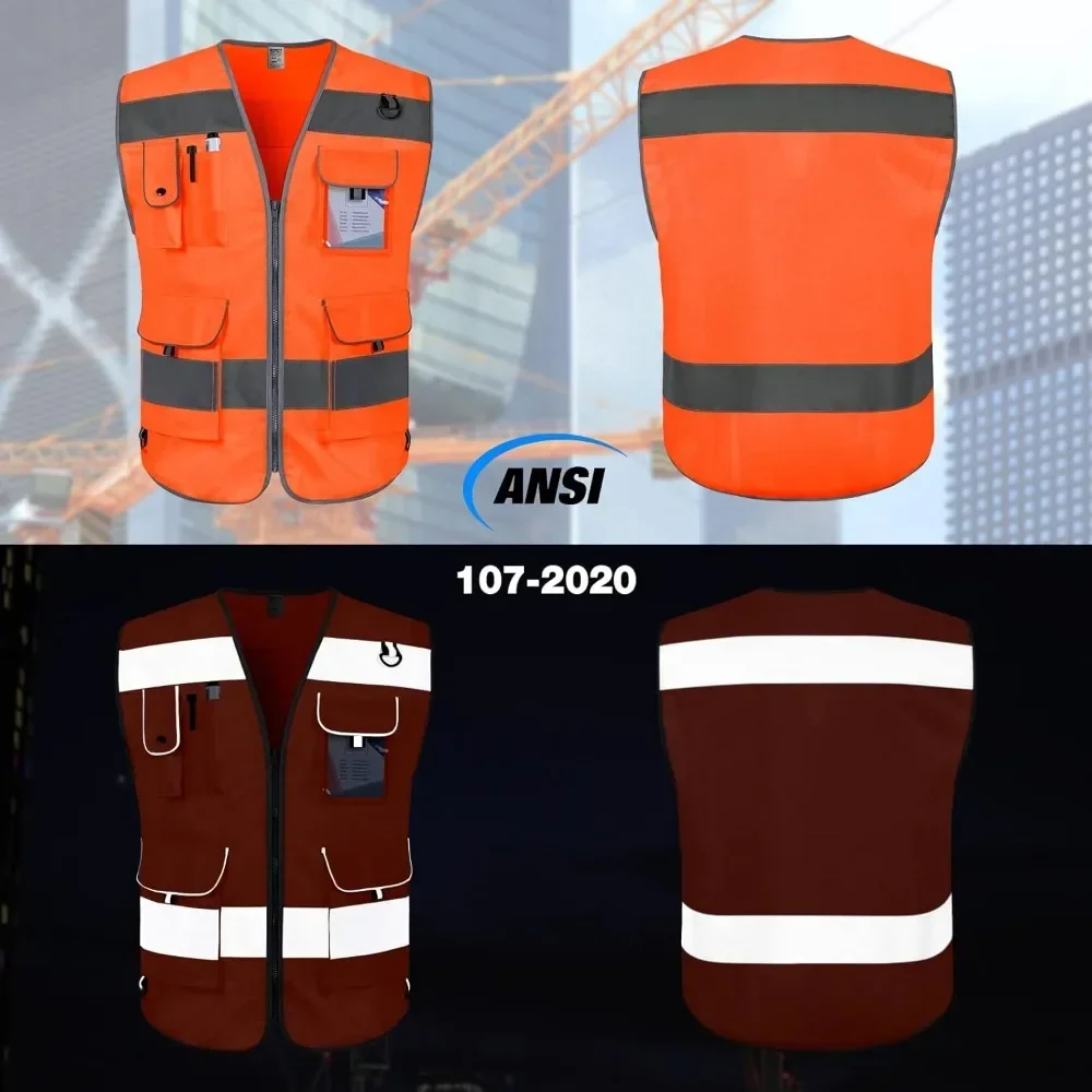 Orange Men's Safety Vest 9 Pockets High Visibility Reflective Vest with Reflective Strips Large Chalecos De Seguridad