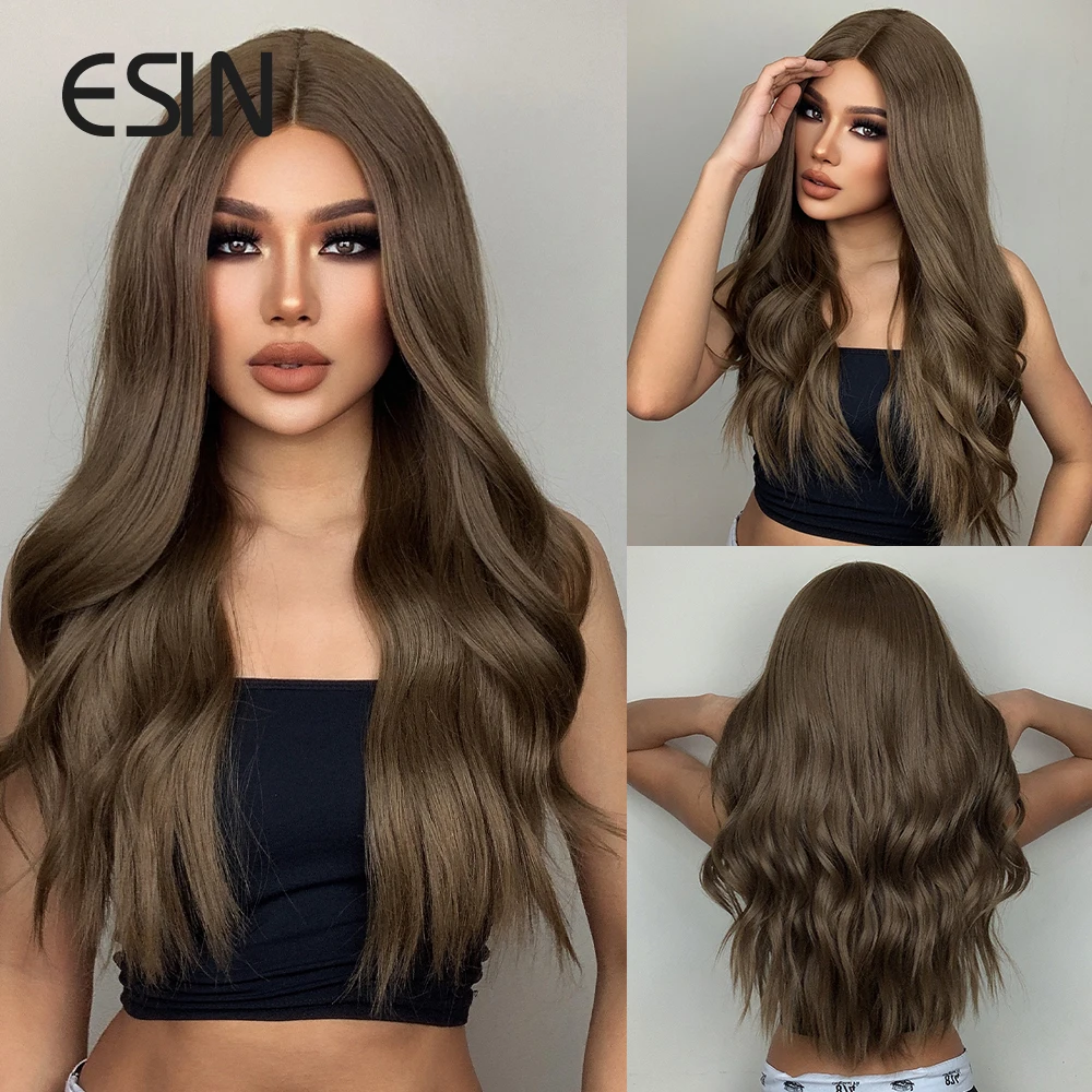 

ESIN Synthetic Lace Front Wigs Long Brown Wig for Women 25 Inch Natural Hair Wavy Middle Part Daily Hair Hand Tied Longlife