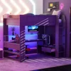 Wood Full Size Gaming Loft Bed Desk, Multi-storage Shelves,LED and Charging Station,Dark Gray Kids Bed Boys Bed Children's Beds 1