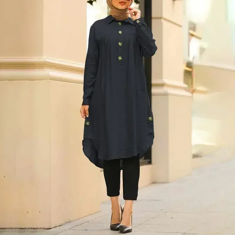 New Summer Muslim Solid Blouse For Women Simple Cotton Linen Long Shirt Saudi Arabia Islam Femme Tops Lady A-Line Shirt Dresses