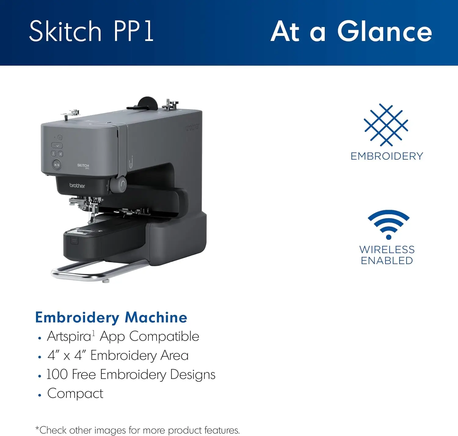 Skitch Single-Needle Embroidery Machine Powered by Artspira 4&rdquo; x 4&rdquo; Embroidery Area Bluetooth Connected
