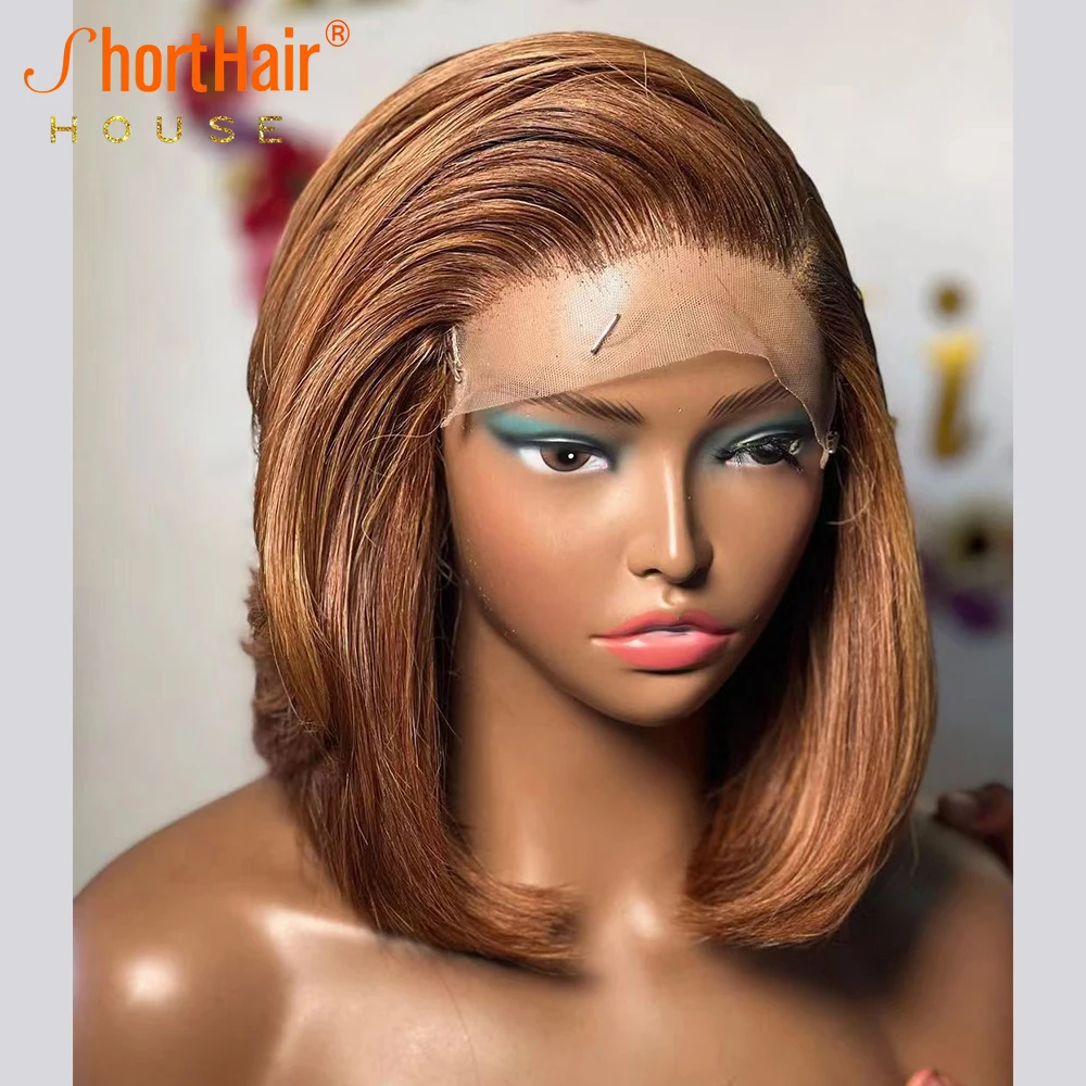 Honey Blonde Lace Front Human Hair Wigs Brazilian Wavy Bob Wigs Pre-Pucked Side Part Lace Closure For Black Women Natural