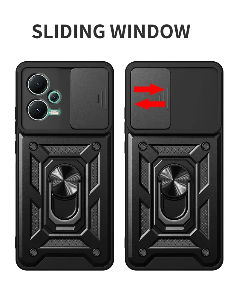 Enhanced Protective Armor Phone Case with Slide Camera Lens Guard and Car Holder Stand