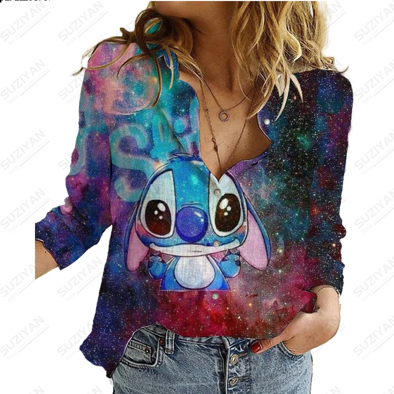 

Disney Women's Long sleeved Shirt Stitch Printed Button Cardigan Temperament Casual Elegant Shirt Street Loose Oversized Shirt