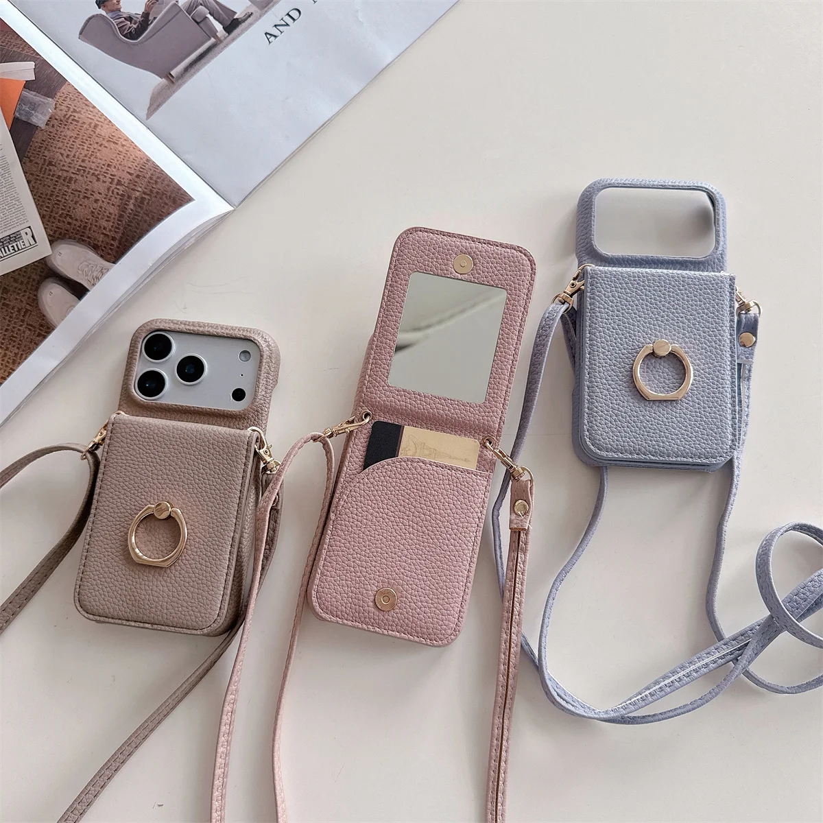 Crossbody Lanyard Wallet Phone Case with Ring Card Holder and Makeup Mirror