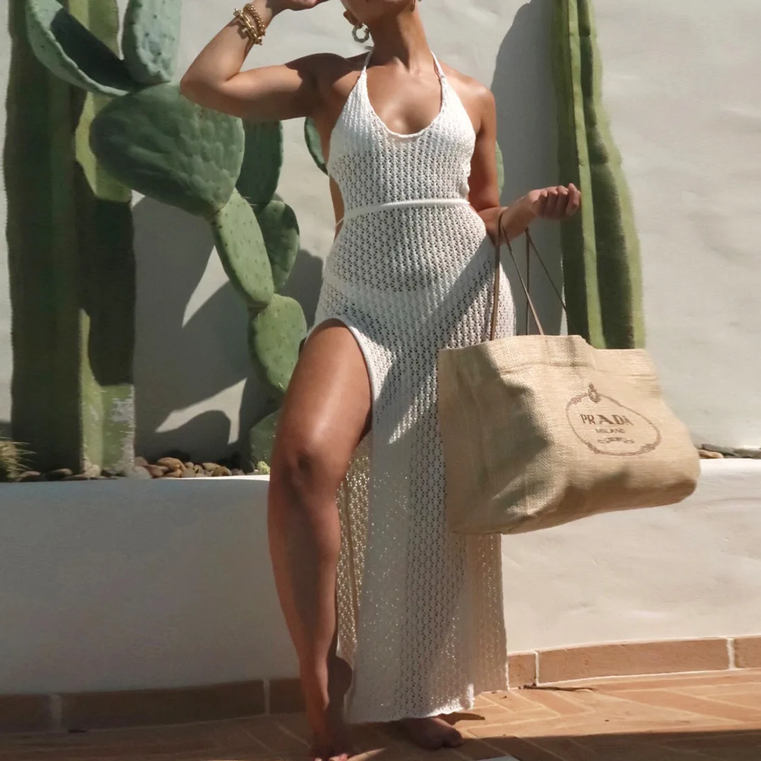 Vestidos de punto con abertura lateral para mujer, vestidos de fiesta de verano para playa y vacaciones, vestido ajustado con espalda descubierta, vestido largo de punto con abertura lateral