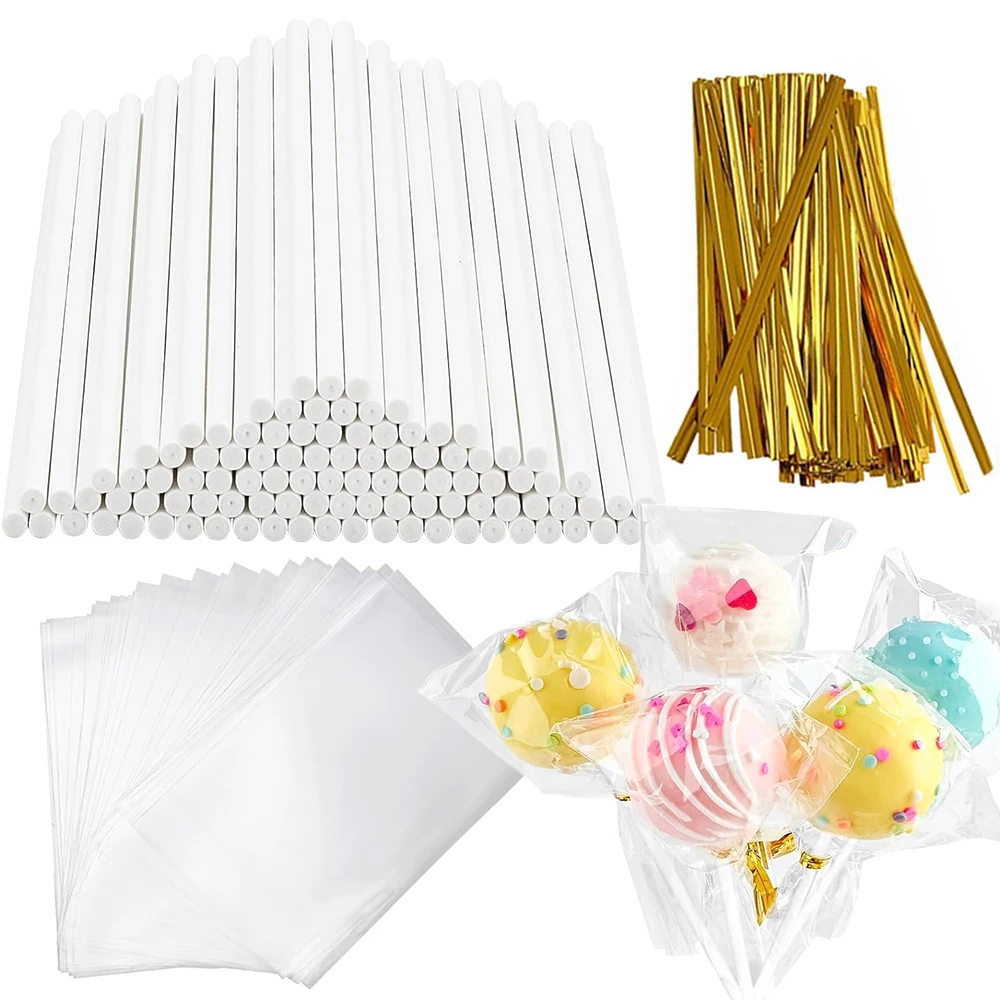 100Pcs DIY 롤리팝 스틱 투명 셀로판 가방 키트 케이크 팝 롤리팝 캔디 초콜릿 컵케익 토퍼를 만들기위한 종이 스틱