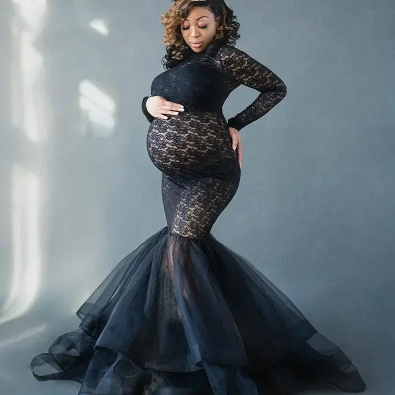 

Splicing Maternity Dress for Photo Shoot Pregnant Women Long Sleeve Black Lace Turtleneck Photography Dresses Pregnancy Dress