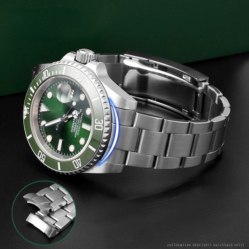 Cinturino Per Orologio In Acciaio Inossidabile Solido Per Rolex Black Green Water Ghost Submariner Cinturino Con Fibbia Pieghevole Con Estremità Curva