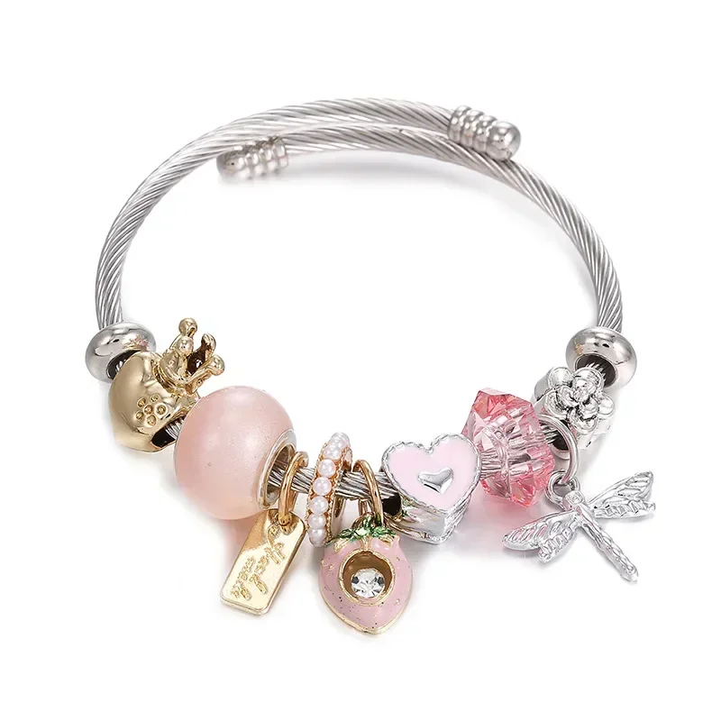 

AMB1 Silver Color Rose Angel Wing Pendant Bracelet Natural Pink Quartz Crystal Beads Charm Bracelet Women Romantic Jewelry