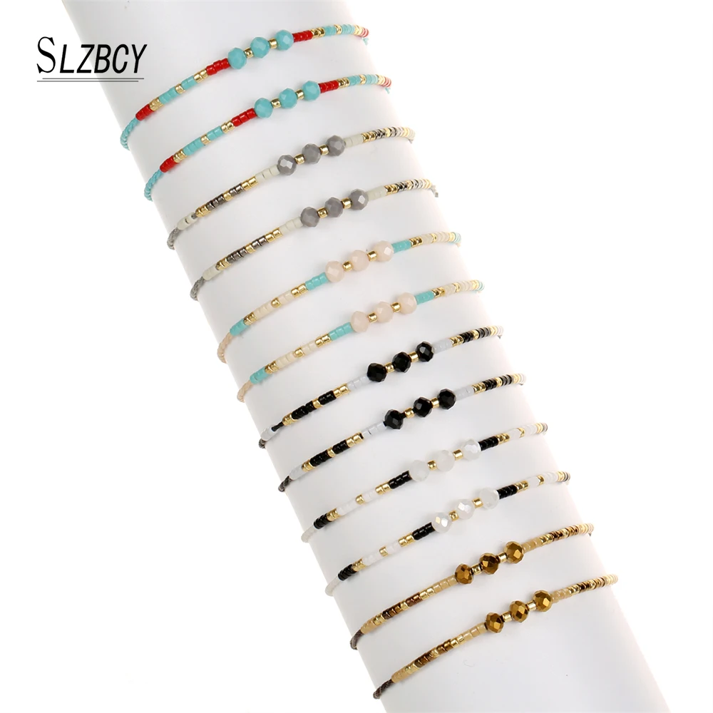 Women 12Pcs/Set Faceted Crystal Beads Bracelet For Men Boho Hand-Woven Adjustable Wax Rope Chain Anklets Wholesale