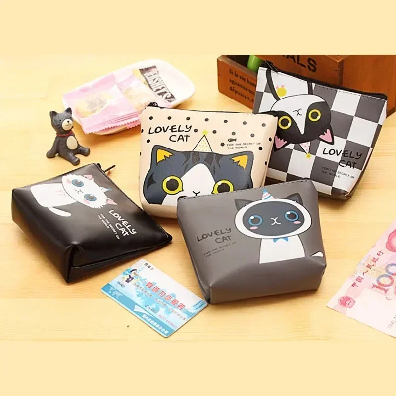 Cartoon Cat PU Leather Coin Bag Pure Zipper Cartoon Cute Cat Coin Key Bag Money Pocket Women Men Purse Small Wallet Kid