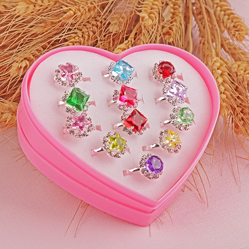 12pcs Children Heart Shaped Box Adjustable Rings for Girls Birthday Gifts
