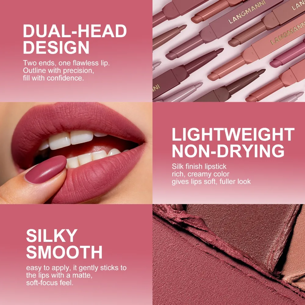 Double Ended Rose Nude Lip Liner Lipstick Velvet Matte High Pigment 12 Color Waterproof Long-lasting Daily Lips Makeup Cosmetics_voghion.com