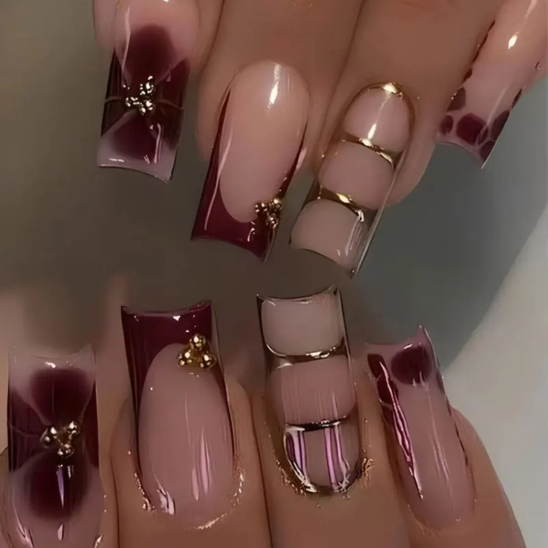 24Pcs Retro Flower Long Coffin French Fake Nails Caviar Bead Floral Gold Hollow Design Press On Nail Tips Y2k Acrylic False Nail