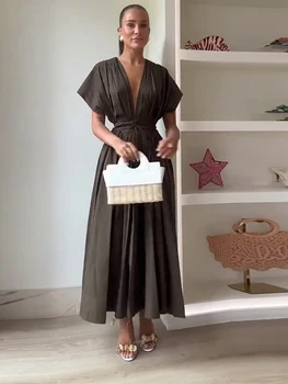 Abito sexy con lacci pieghettato con scollo a V Moda donna Manica corta Vita alta Abiti lunghi slim fit Festa estiva femminile chic 1