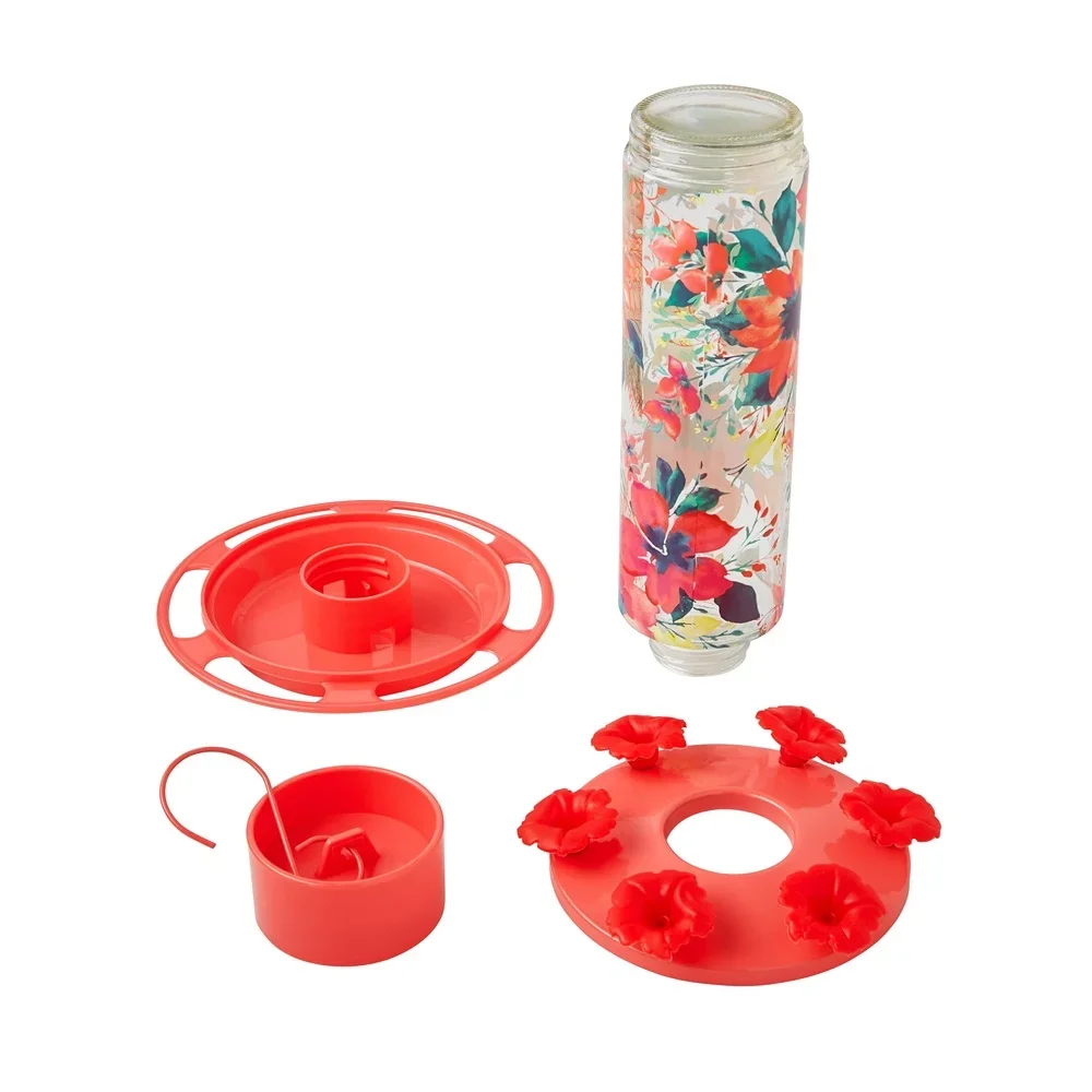 Fresh Floral Decorative Glass Hummingbird Feeder with Ant Moat Perching Ring and Leak Free Flower Ports Bird Watching