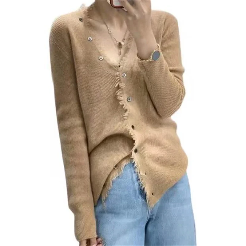 봄과 가을 V 넥 탑 프린지 카디건 니트 여성 느슨한 모든 트렌드 스웨터 V 넥 니트 가디건