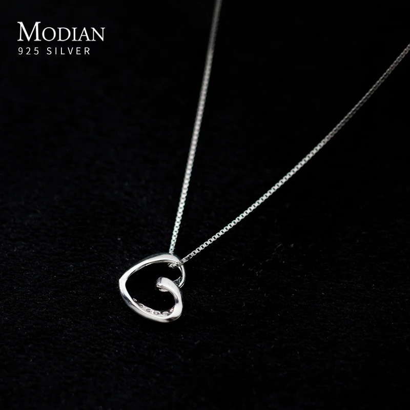 Modian 925 Sterling Silver Simple Line Heart Necklace Pendant For Women Platinum Plated Chain Choker Fine Jewelry Wedding Gift