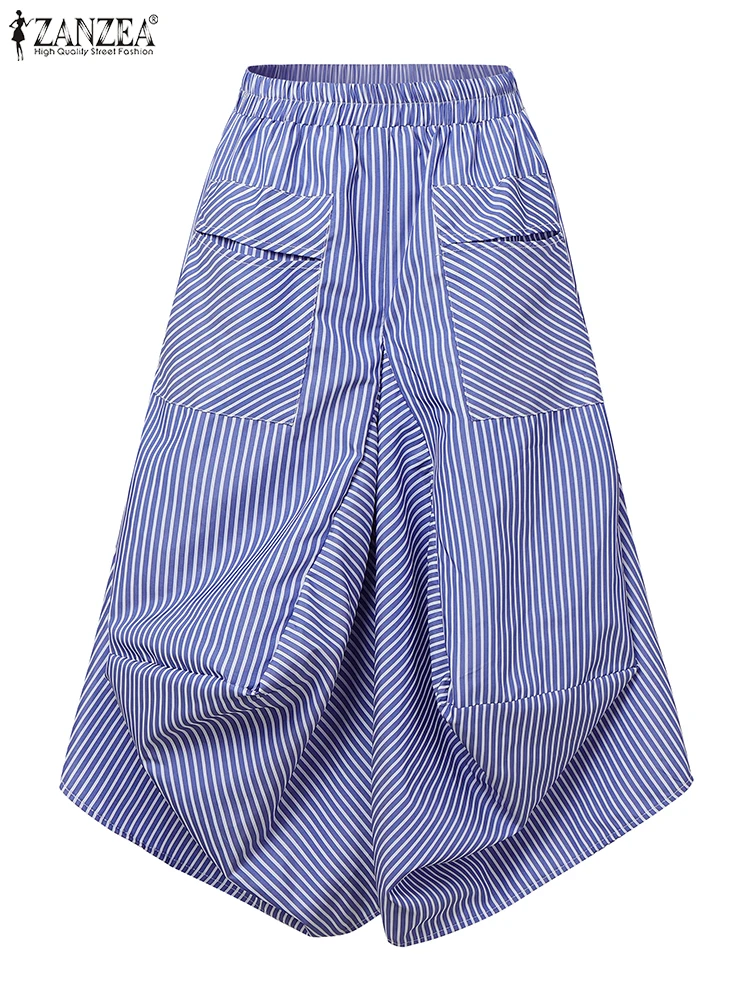 Polyester Striped Casual Pants with Elastic Waist and Big Pockets