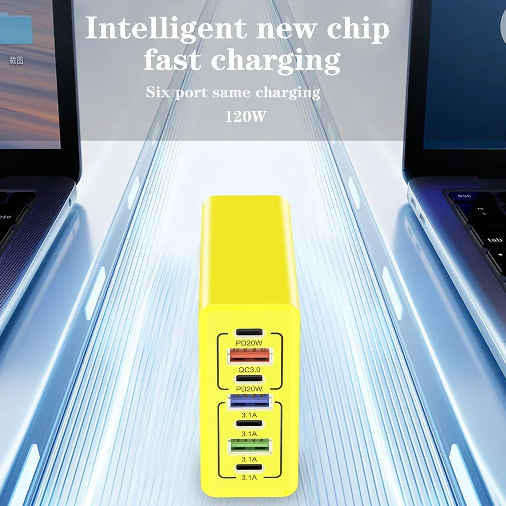 Caricatore USB da 120 W con porte multiple, ricarica rapida, adattatore per caricabatterie per telefono di tipo C, caricatore da muro con presa EU/US per iPhone Samsung Xiaomi Huawei - immagine 3