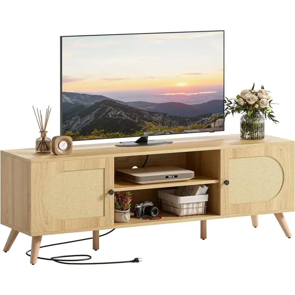 

With Power Outlet Modern Living Room Furniture for Tv TV Stand for 70 Inch Natural Bedroom Entertainment Center With 2 Cabinets