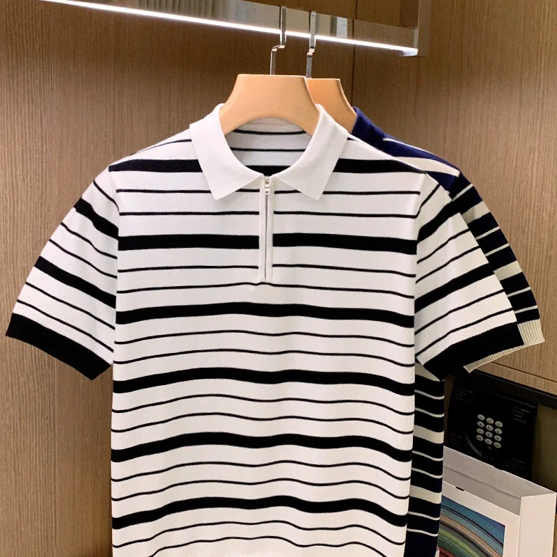 Top Grade 2024 New Fashion Brand Designer Luxury Stripe Mens Polo Shirts Regular Fit Casual Short Sleeve Tops Mens Clothing W36