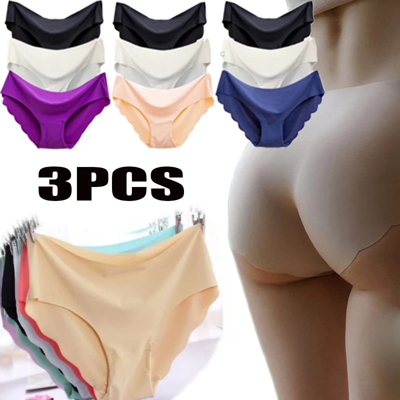 

3pcs Women's Ice Silk Seamless Panties Slip Silk Underwear Woman Ruffle Female Underpants Lady Briefs Girls Smooth Satin Panties