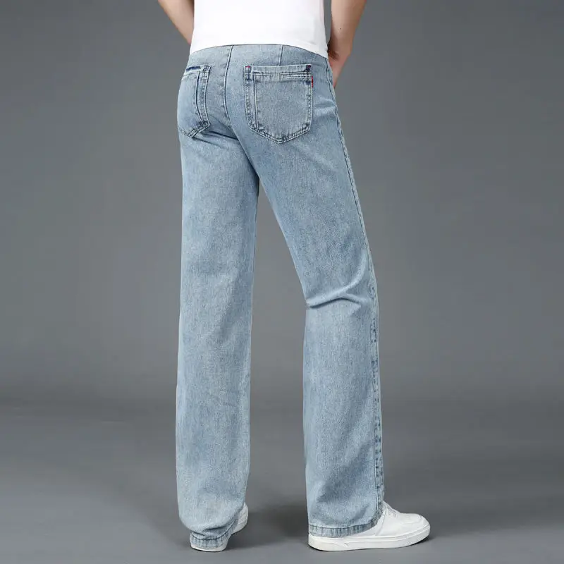 Spring Summer New Fashion High Waist Pockets Men's Clothing All Match Solid Color Straight Loose Pockets Rope Hombre Jeans Pants 3