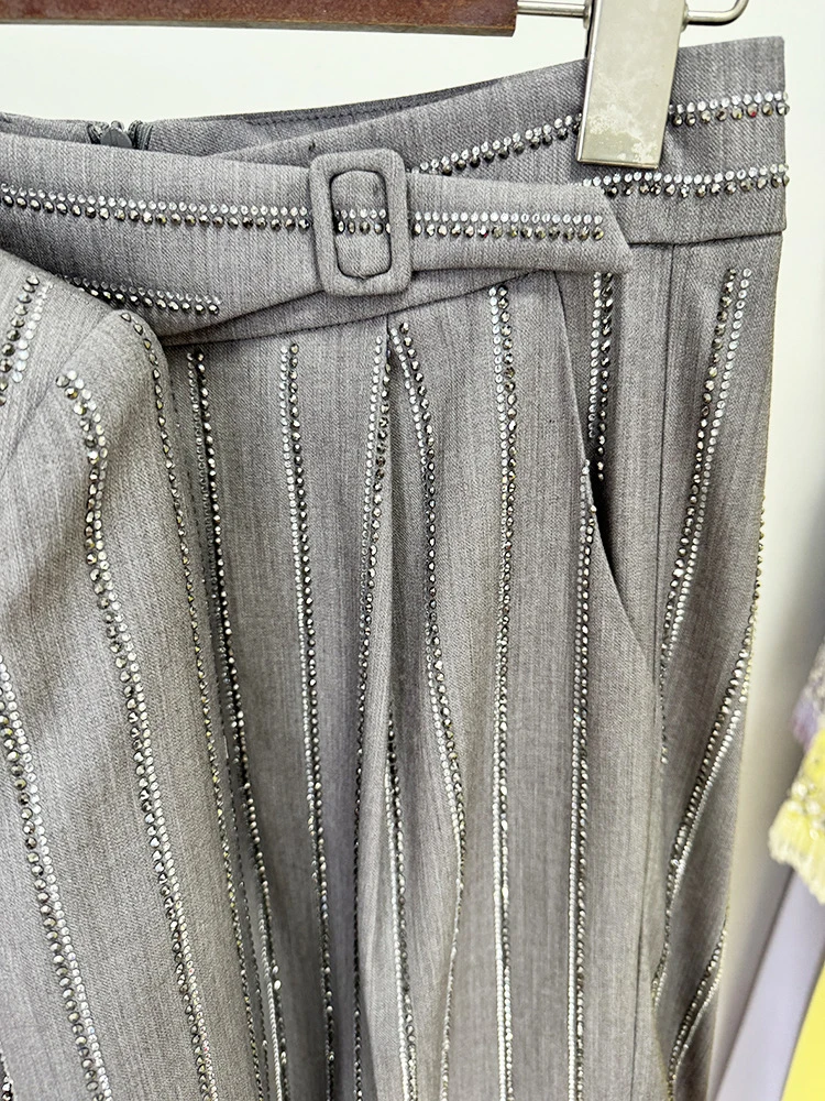 Women Pants Two Piece Sets Women Gray Rhinestone Single Button Blazer + Sparkle Striped Diamonds Pants Suits Evening Party Club 5