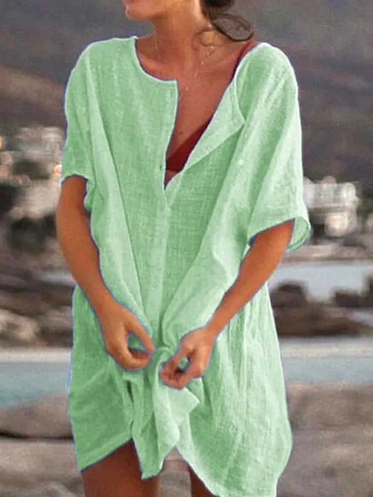 Women Blue Cotton Linen Casual Short Sleeve Blouse