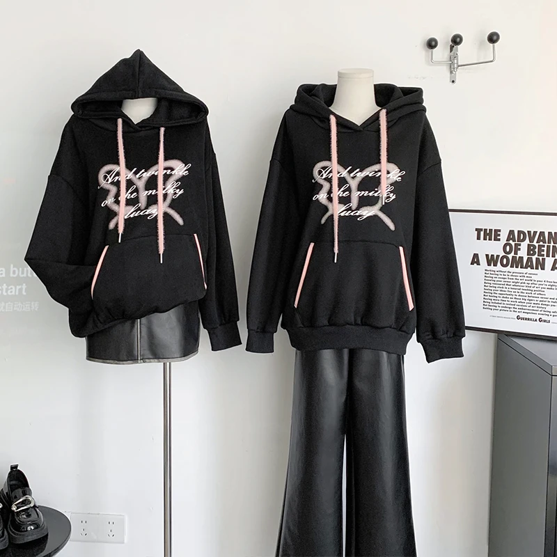 

Hooded Sweater For Women Autumn Loose Blouses Drawstring Black Butterfly Printing Hooded