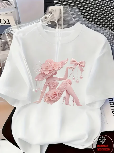 Women's Printed T-Shirt Pearl Diamond Jewelry Women's Design Casual Round Neck Short-sleeved Top Urban Style Printed T-Shirt 5
