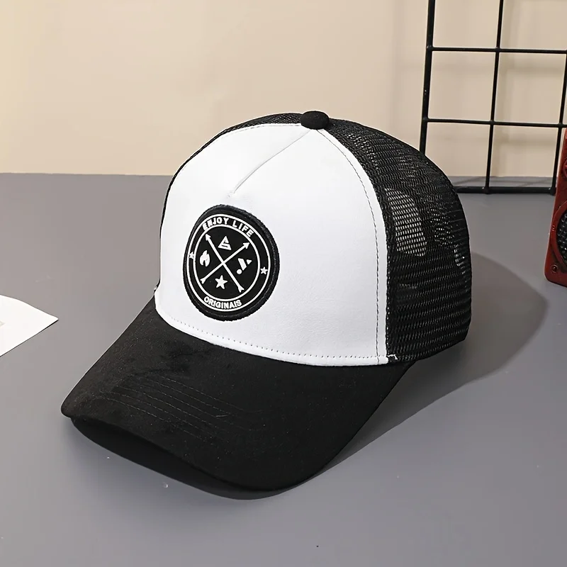 Retro-Baseballkappe aus Wildleder-Patchwork mit rundem Logo, atmungsaktiver Sommer-Sonnenhut aus Mesh, lässiger Sonnenschutzhut für den Außenbereich – Detail 3