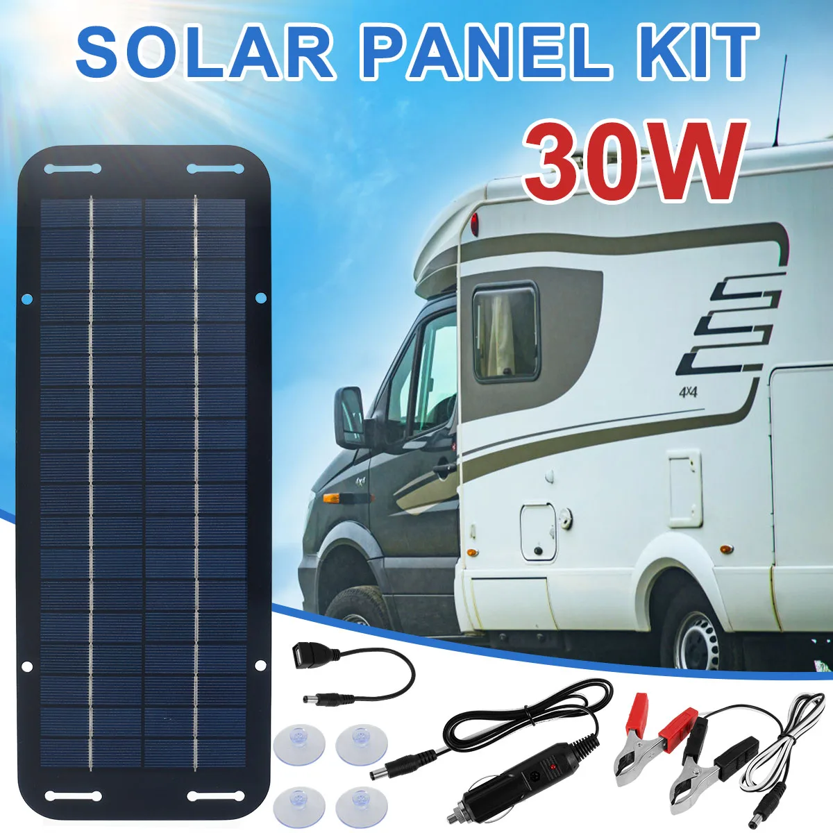 30W solární panel souprava IP65 dokonaný solární trickle nabíječka USB energie přenosné s 4 sání kelímky outdoorové pro pestrost z vozidel