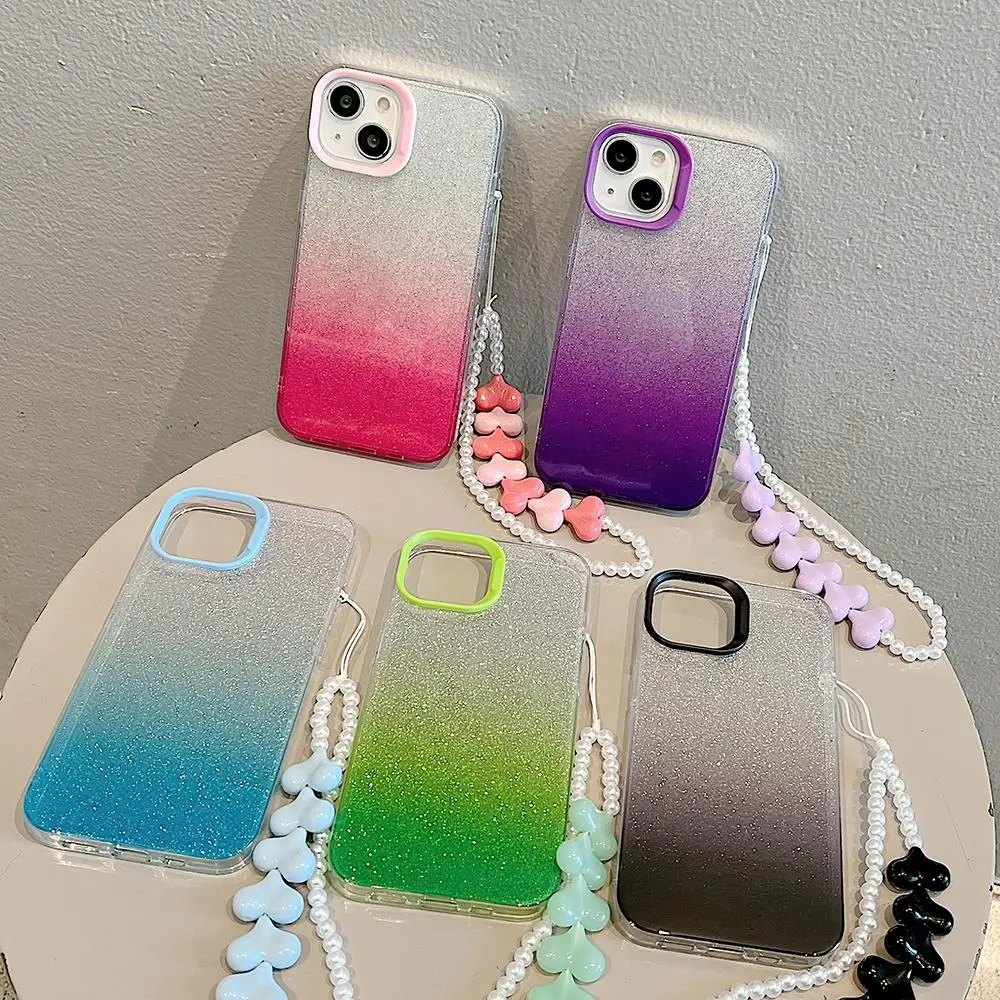 

Luxury Gradient Glitter Hang Chain Lanyard Phone Case For iPhone 15 14 13 12 Pro Max Case iPhone 11 Bling Shockproof Back Covers