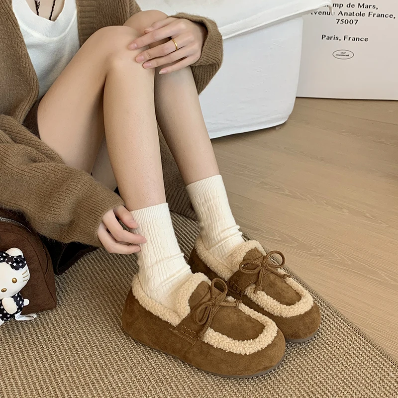 Aphixta Sweet Bow Woman Flat Shoes Warm Short Plush Lining Suede Round Toe Woman Shoes Slip On Classic Ladies Footwear