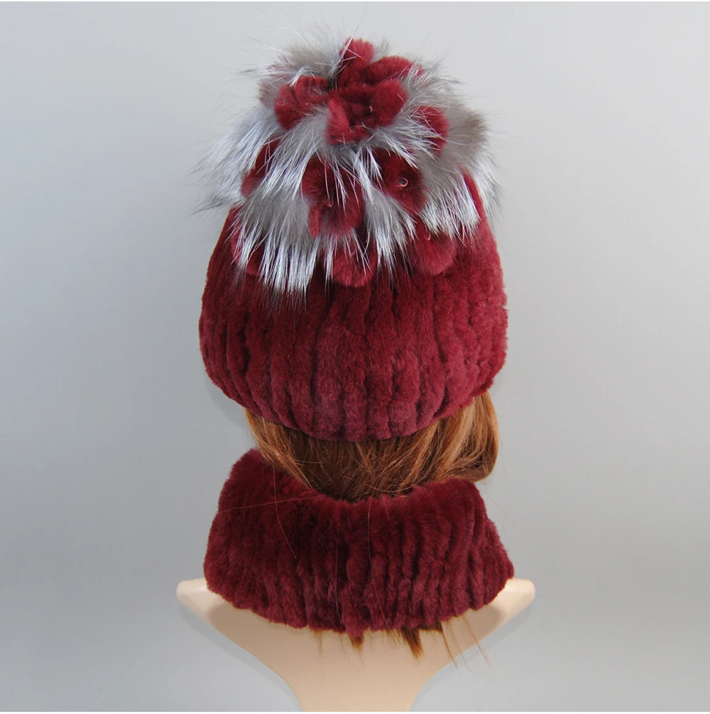 Real Rex Rabbit Fur Hat And Scarf Set Women Winter Knitted Beanie Hat Natural Fur Skullies Beanies Woman Hat Female Cap Elastic