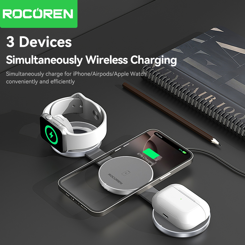 Rocoren 3 in 1 Foldable Magnetic Wireless Charger Pad Stand for iPhone 16 Pro Airpods iWatch Fast Wireless Charging Dock Station