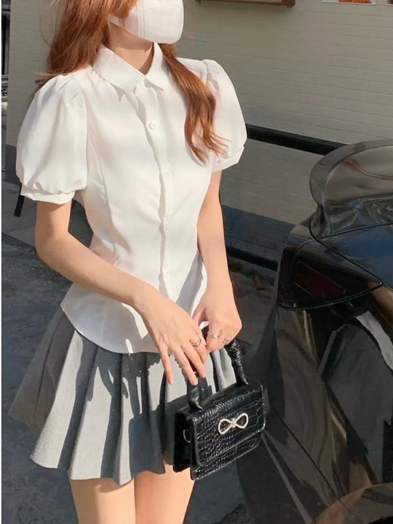 

Новинка Весна 2024 уникальная белая рубашка в студенческом стиле с рукавами-пузырьками женский короткий приталенный Универсальный милый и пряный Топ для женщин P3R4