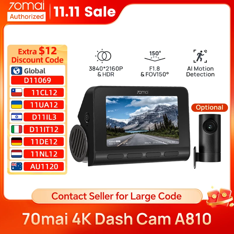 70mai 4Kドライブレコーダー A810 150 ° FOV 3840×2160 HDR 60FPS AI