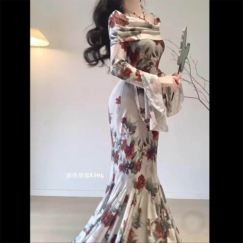 فستان أنيق عتيق مطبوع عليه وردة للنساء Y2k فساتين...