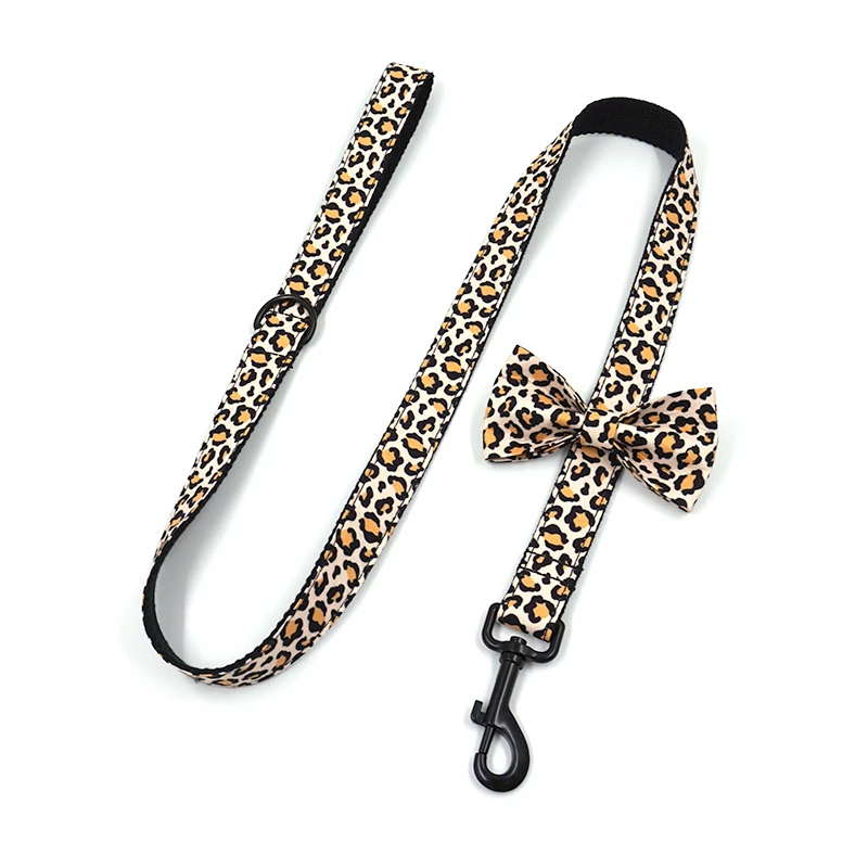 Pet Harness Leash Set Brown Leopard Dog Harness Boy Dogs Engraving Collar Leash Removable Bow Poop Bag Luxury