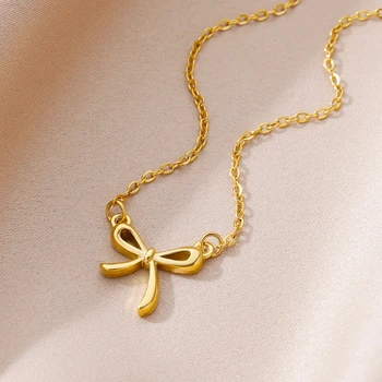 Gold Bowknot Necklace For Women Stainless Steel Aesthetic Choker Jewelry